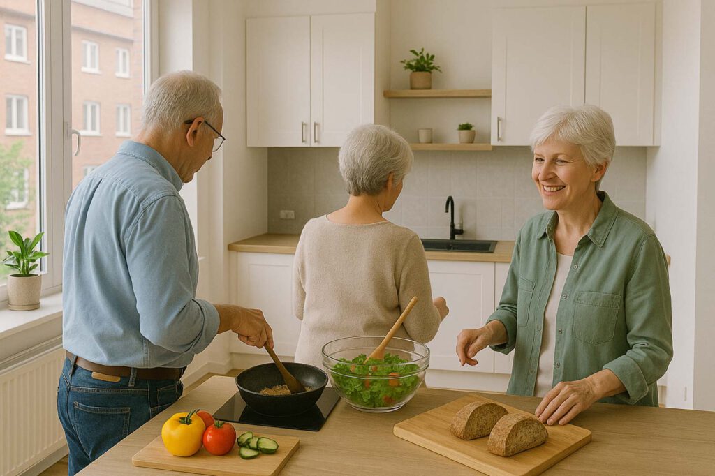 Drei ältere Menschen in einer hellen Küche bereiten gemeinsam eine Mahlzeit zu; ein Mann kocht in einer Pfanne, eine andere Frau macht einen Salat und die dritte Frau lächelt neben einem Schneidebrett mit Brot.